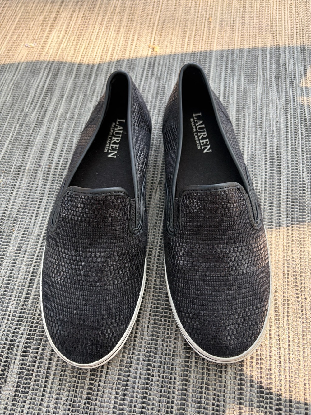 Lauren Ralph Lauren Janis Slip On Sneakers Black Faux Straw Weave Preppy 6 D